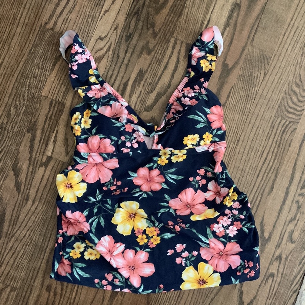 Isabel Maternity Navy Pink Floral Ruffle Tankini Swim Top
